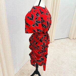 Walter Baker Red Black Print Ruched Mini Dress Size L Puff Sleeve Belted Dress